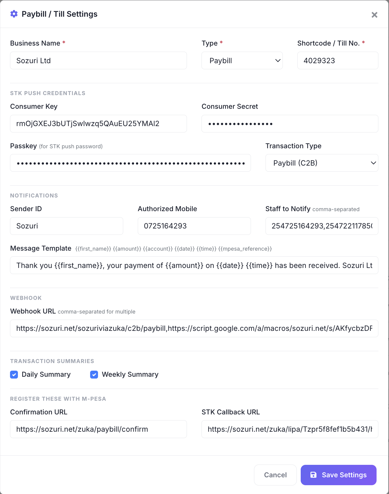 Payments Settings